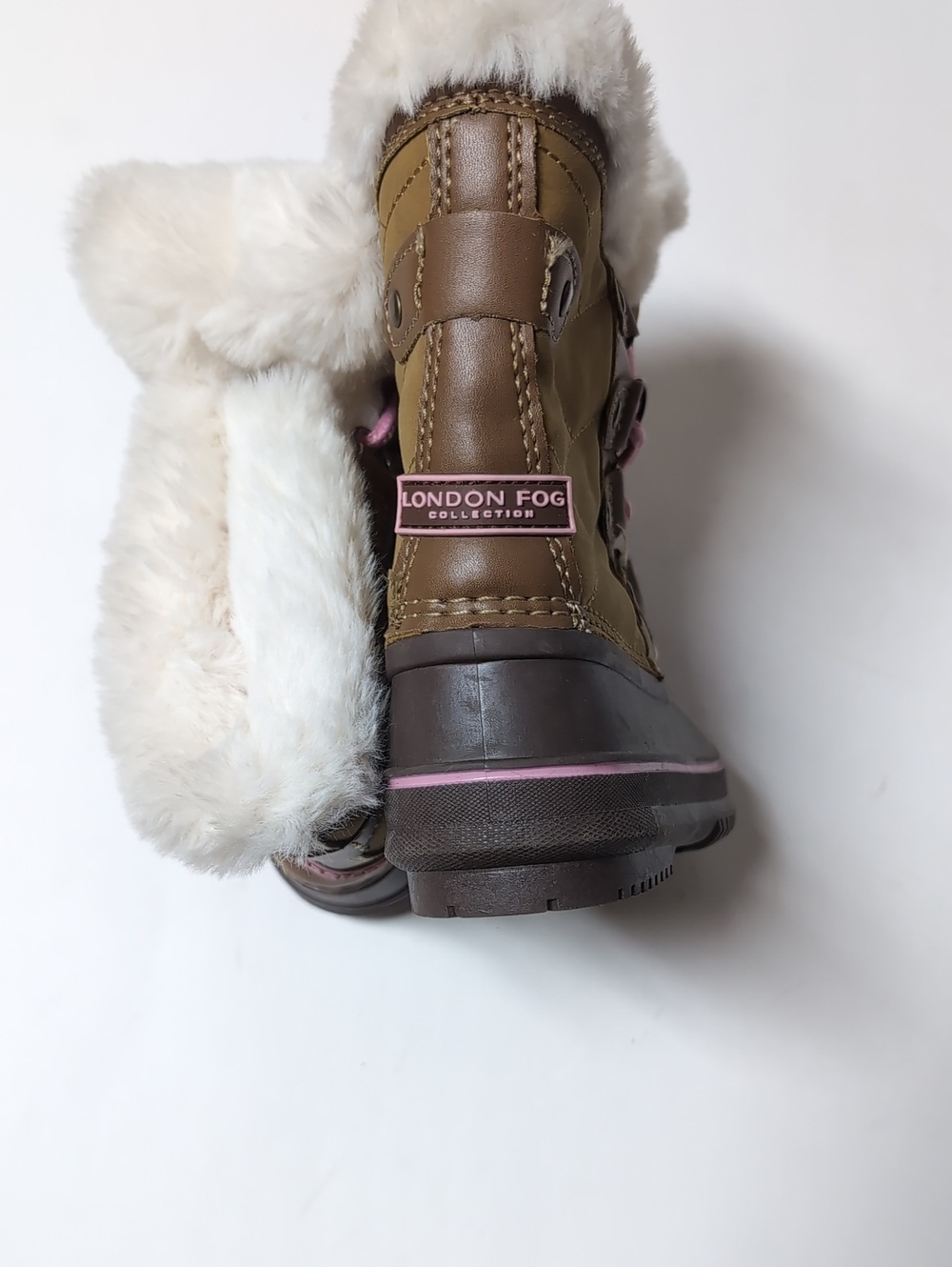 London Fog Kids Brown Boot with Pink Trim and Faux Fur Cuff